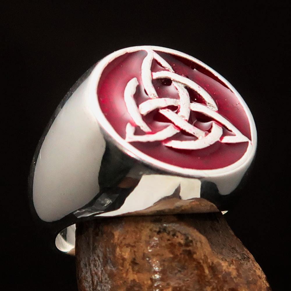 Nicely crafted Men's Triquetra Ring Celtic Triskelion Knot Red - Sterling Silver - BikeRing4u