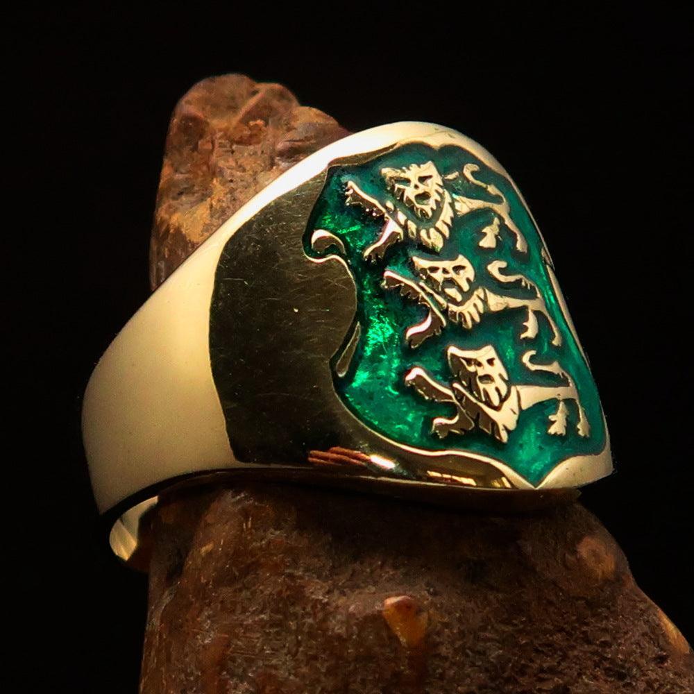 Excellent crafted Men's green 3 Lions Coat of Arms Pinky Ring - solid Brass - BikeRing4u