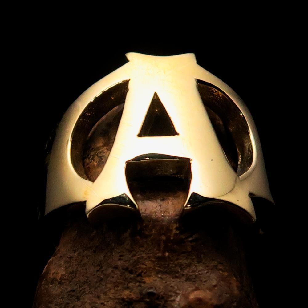 Mirror polished Men's Brass Initial Ring one bold Letter A - BikeRing4u