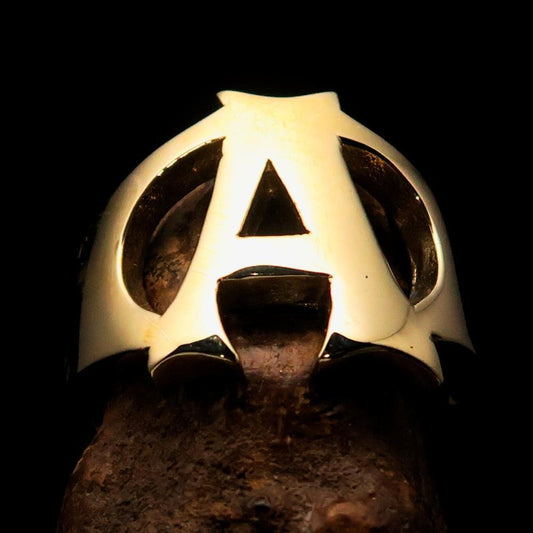Mirror polished Men's Brass Initial Ring one bold Letter A - BikeRing4u