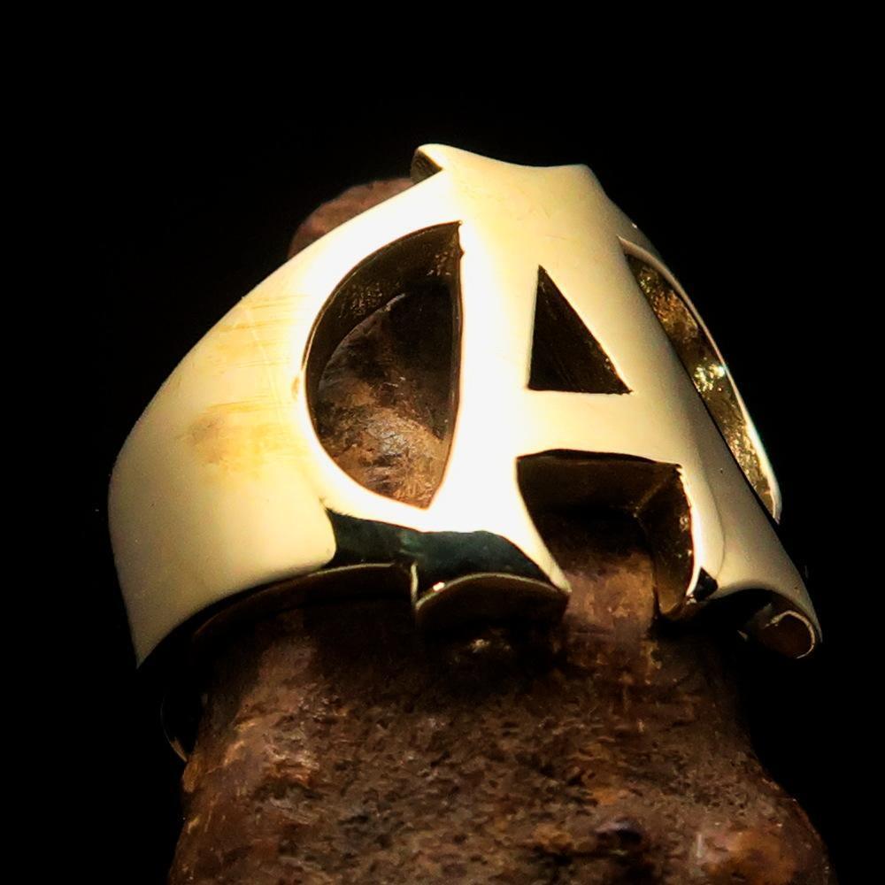 Mirror polished Men's Brass Initial Ring one bold Letter A - BikeRing4u