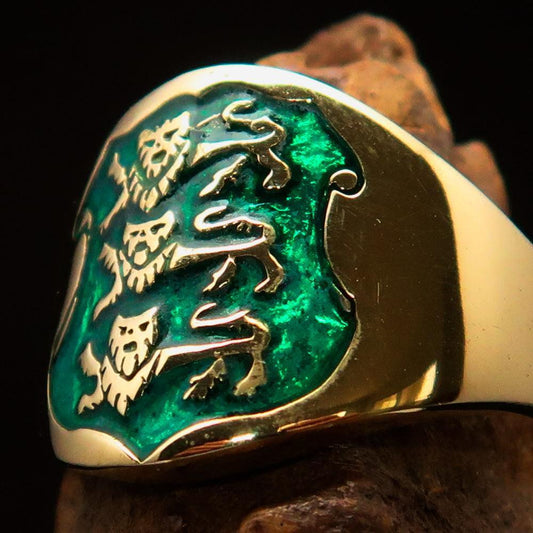 Excellent crafted Men's green 3 Lions Coat of Arms Pinky Ring - solid Brass - BikeRing4u