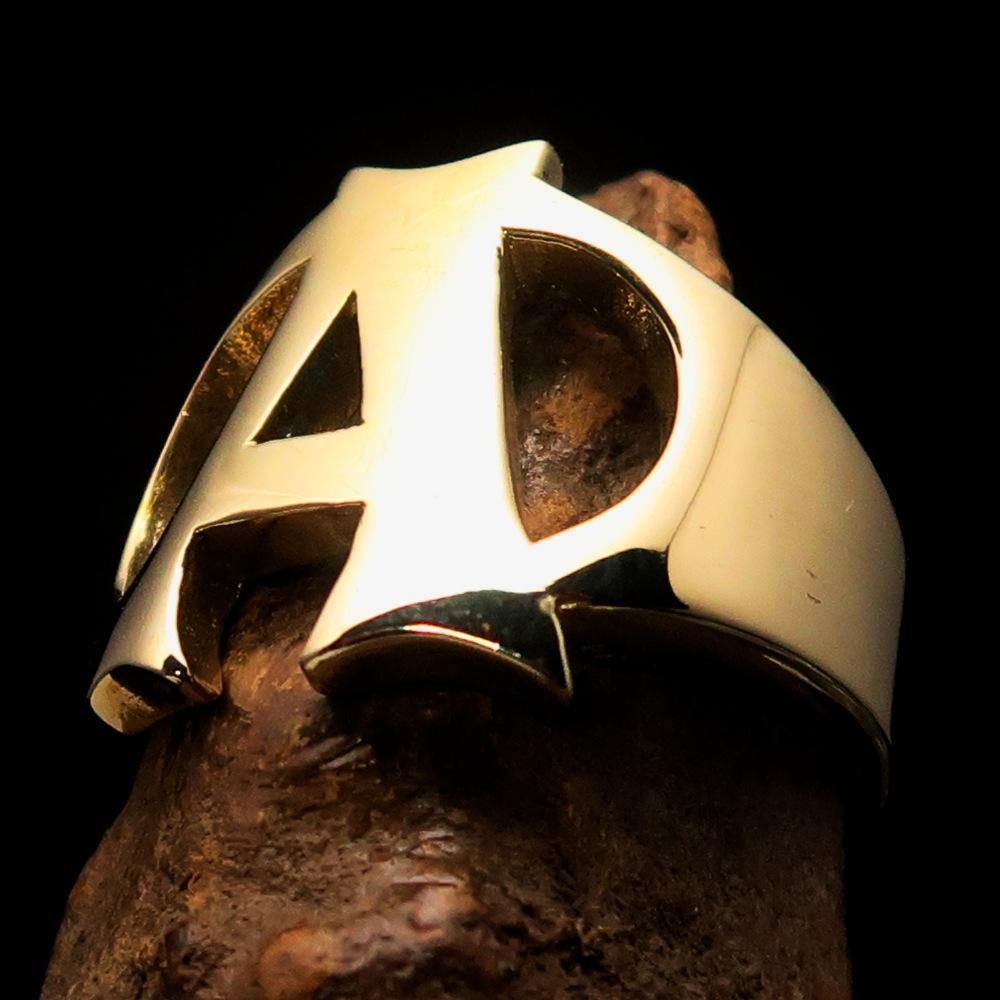 Mirror polished Men's Brass Initial Ring one bold Letter A - BikeRing4u