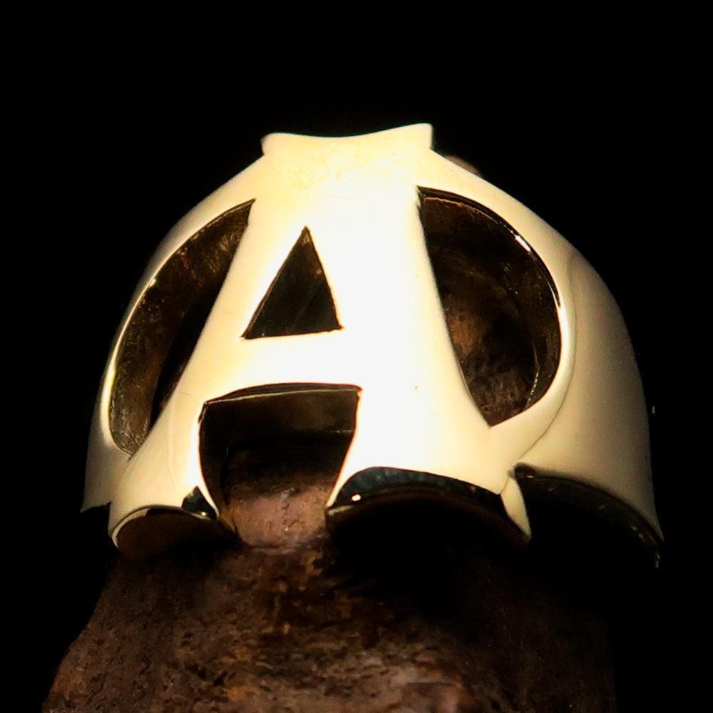 Mirror polished Men's Brass Initial Ring one bold Letter A - BikeRing4u