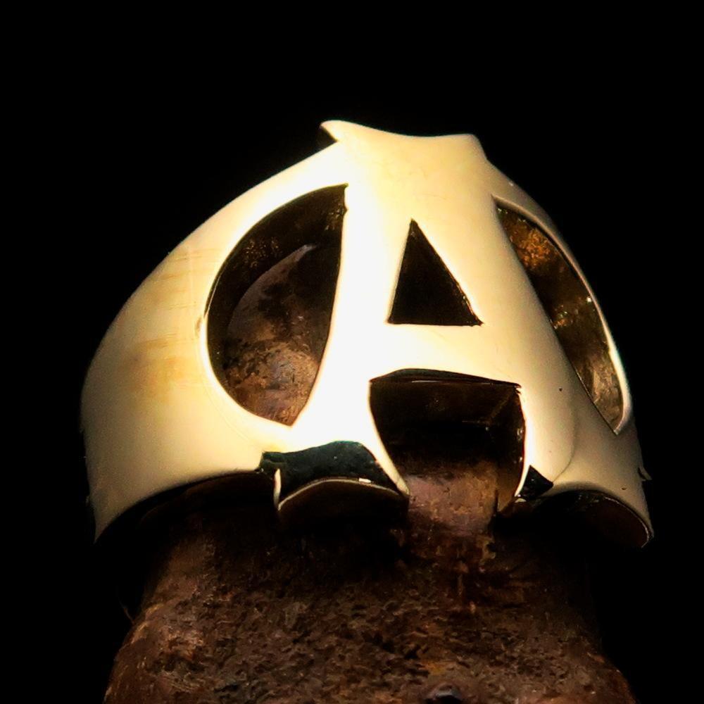 Mirror polished Men's Brass Initial Ring one bold Letter A - BikeRing4u