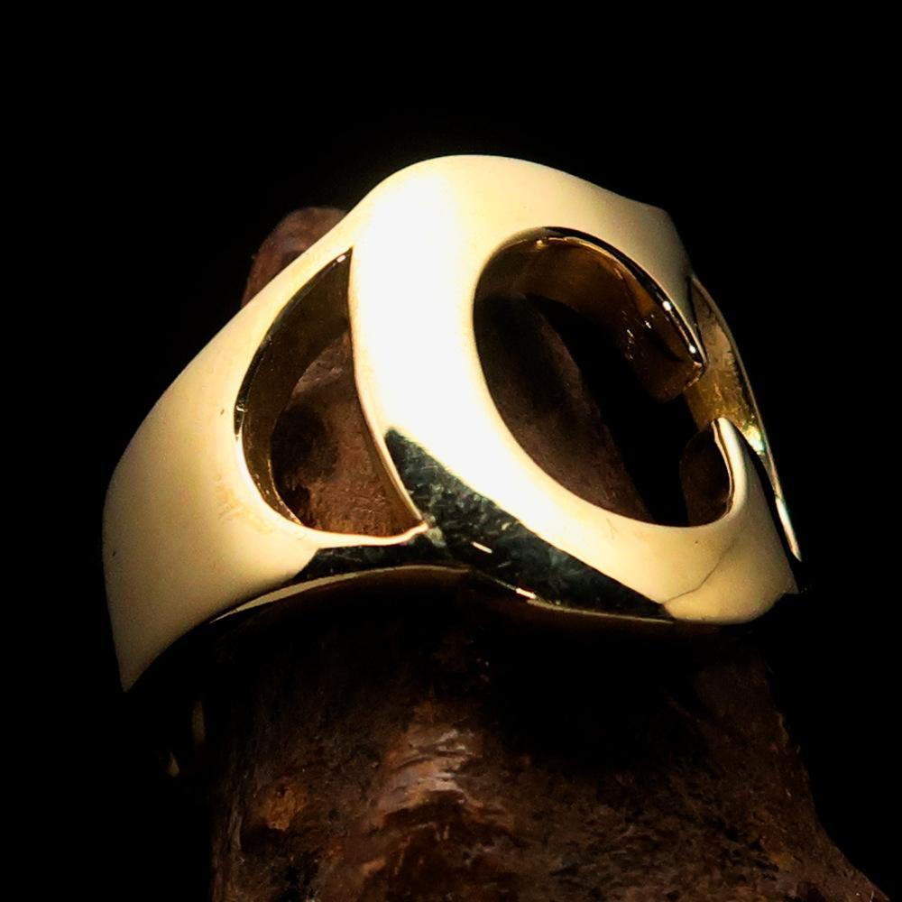 Mirror polished Men's Brass Initial Ring one bold Letter C - BikeRing4u