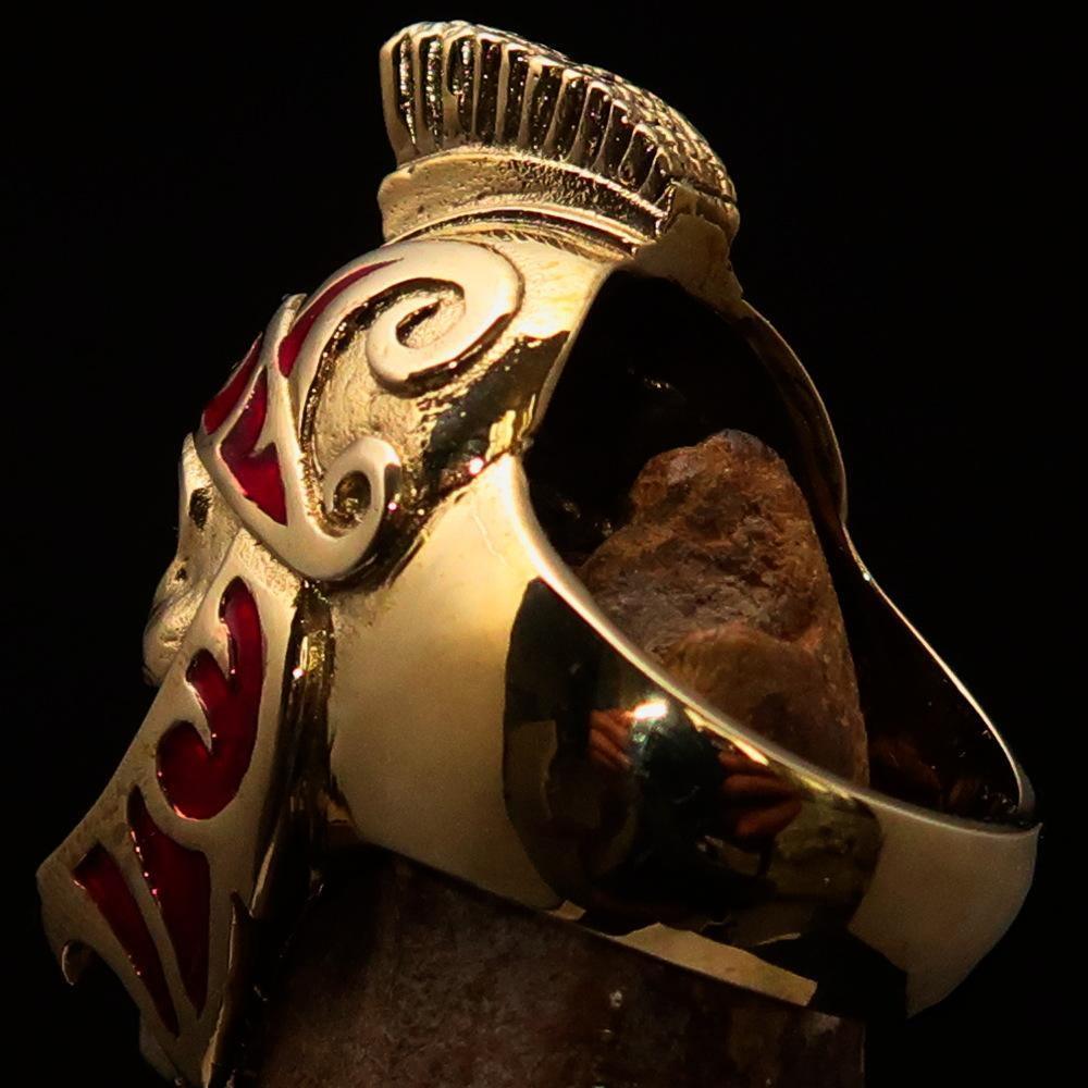 Excellent crafted Men's Skull Biker Ring Roman Centurion Red - Solid Brass - BikeRing4u