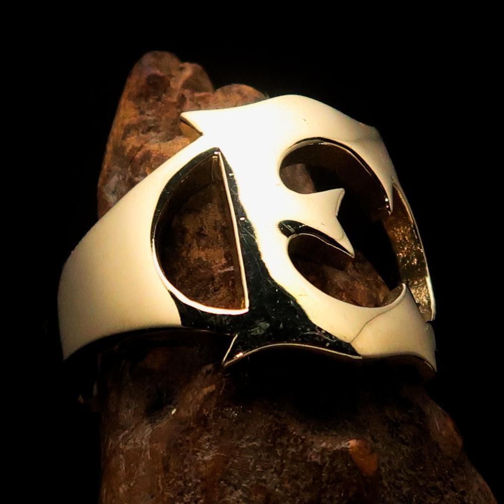 Mirror polished Men's Brass Initial Ring one bold Letter E - BikeRing4u