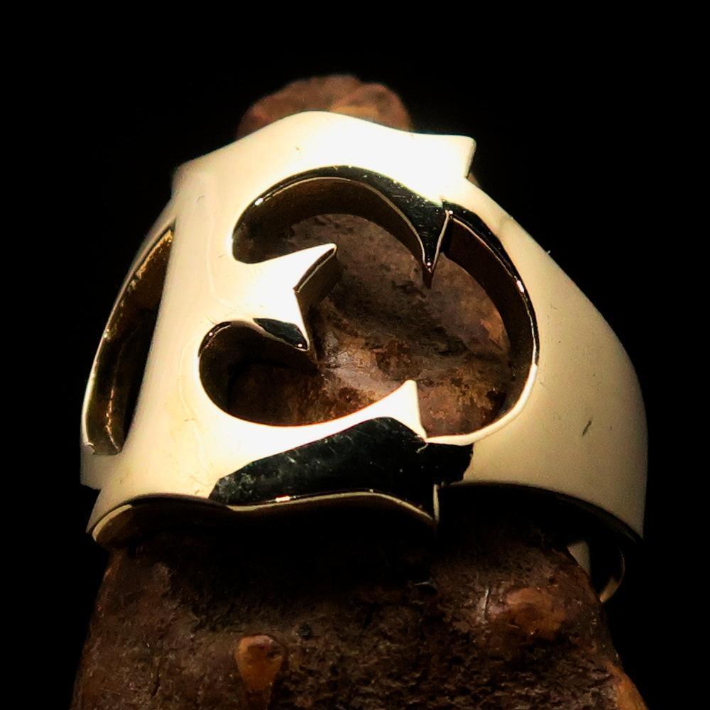 Mirror polished Men's Brass Initial Ring one bold Letter E - BikeRing4u