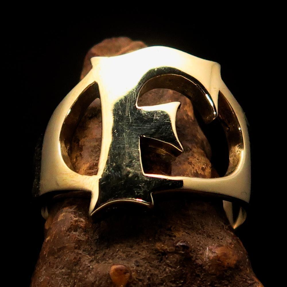 Mirror polished Men's Brass Initial Ring one bold Letter F - BikeRing4u
