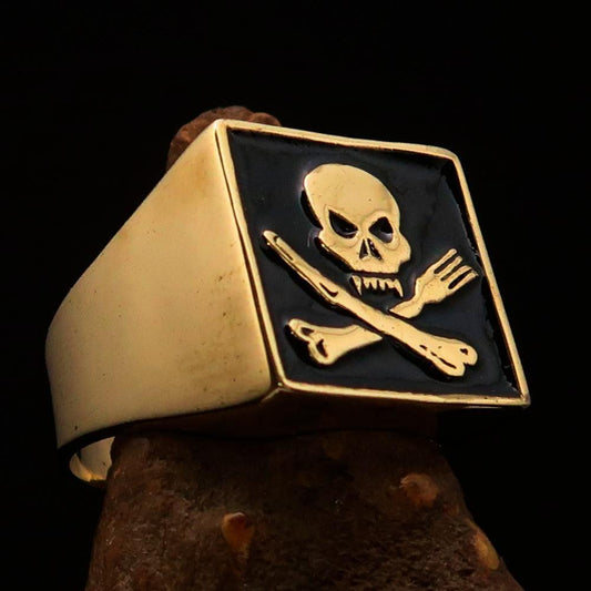 Perfectly crafted Men's Chef Skull Ring Crossed Fork Knife Black - Solid Brass - BikeRing4u