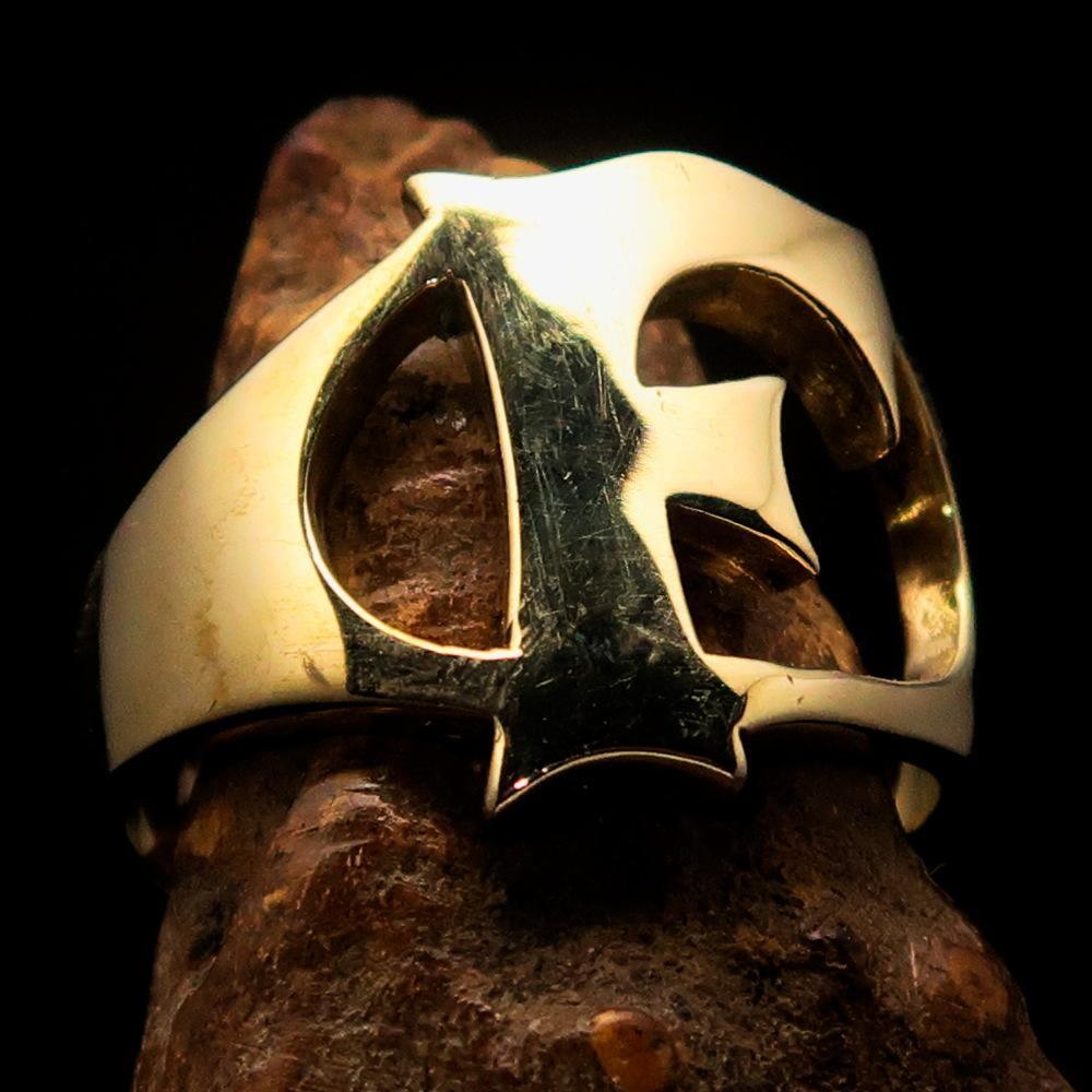 Mirror polished Men's Brass Initial Ring one bold Letter F - BikeRing4u
