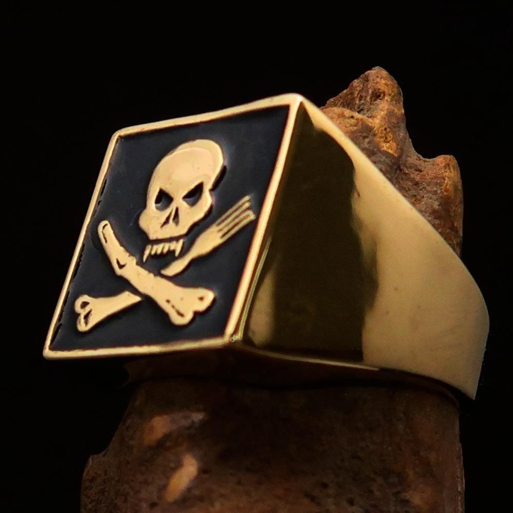 Perfectly crafted Men's Chef Skull Ring Crossed Fork Knife Black - Solid Brass - BikeRing4u