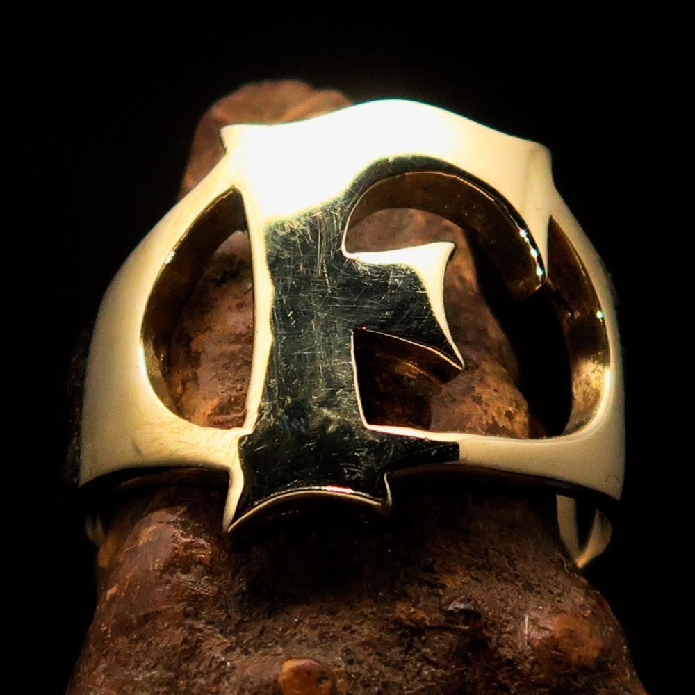 Mirror polished Men's Brass Initial Ring one bold Letter F - BikeRing4u