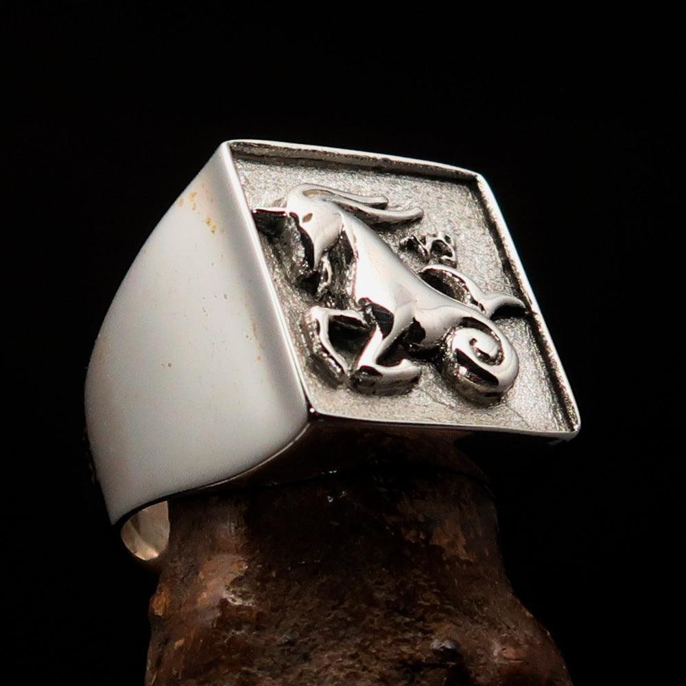 Excellent crafted Men's Zodiac Ring Star Sign Capricorn - two tone Sterling Silver - BikeRing4u
