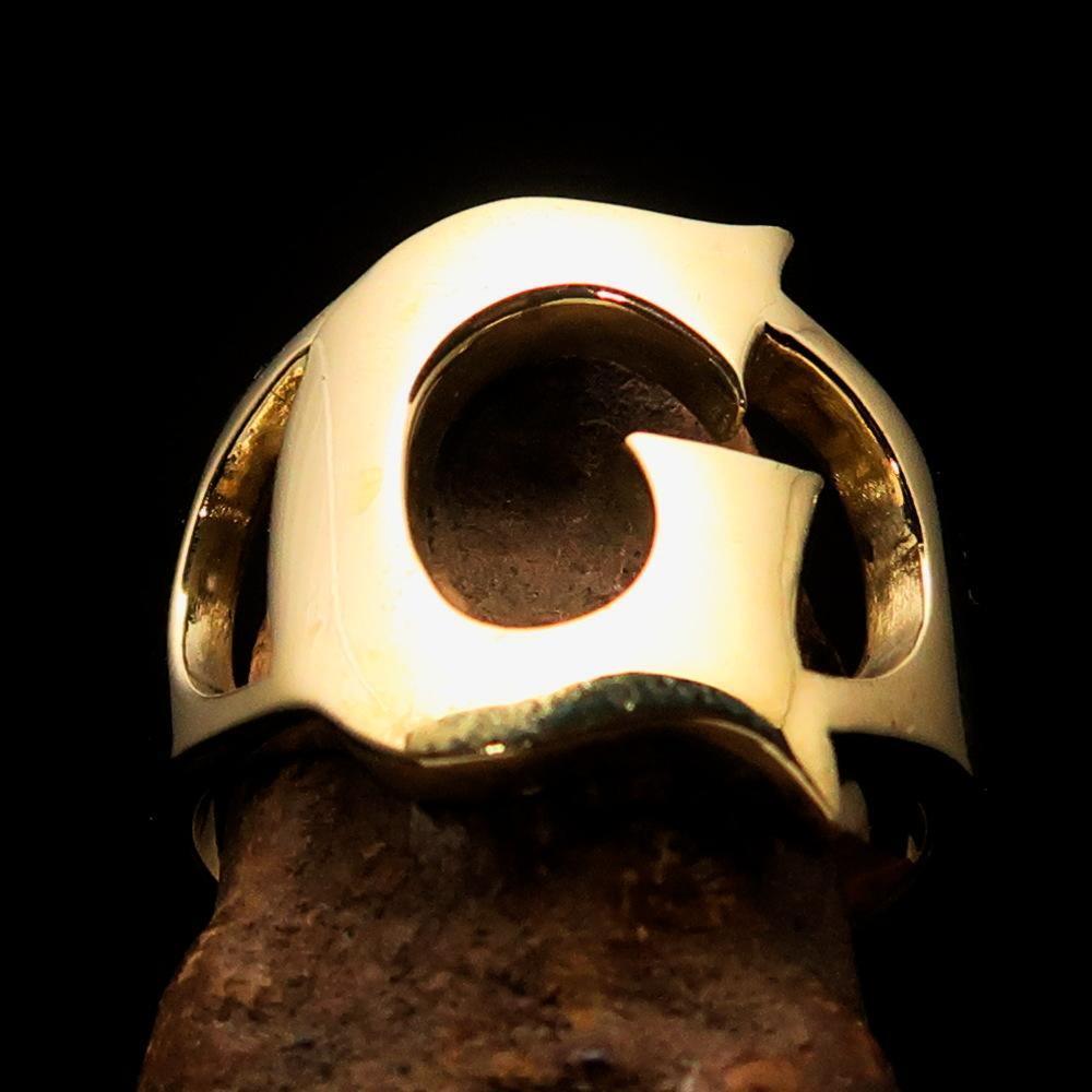 Mirror polished Men's Brass Initial Ring one bold Letter G - BikeRing4u