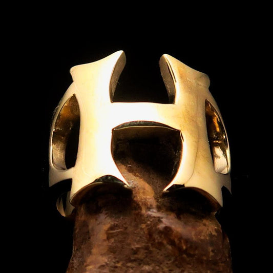 Mirror polished Men's Brass Initial Ring one bold Letter H - BikeRing4u