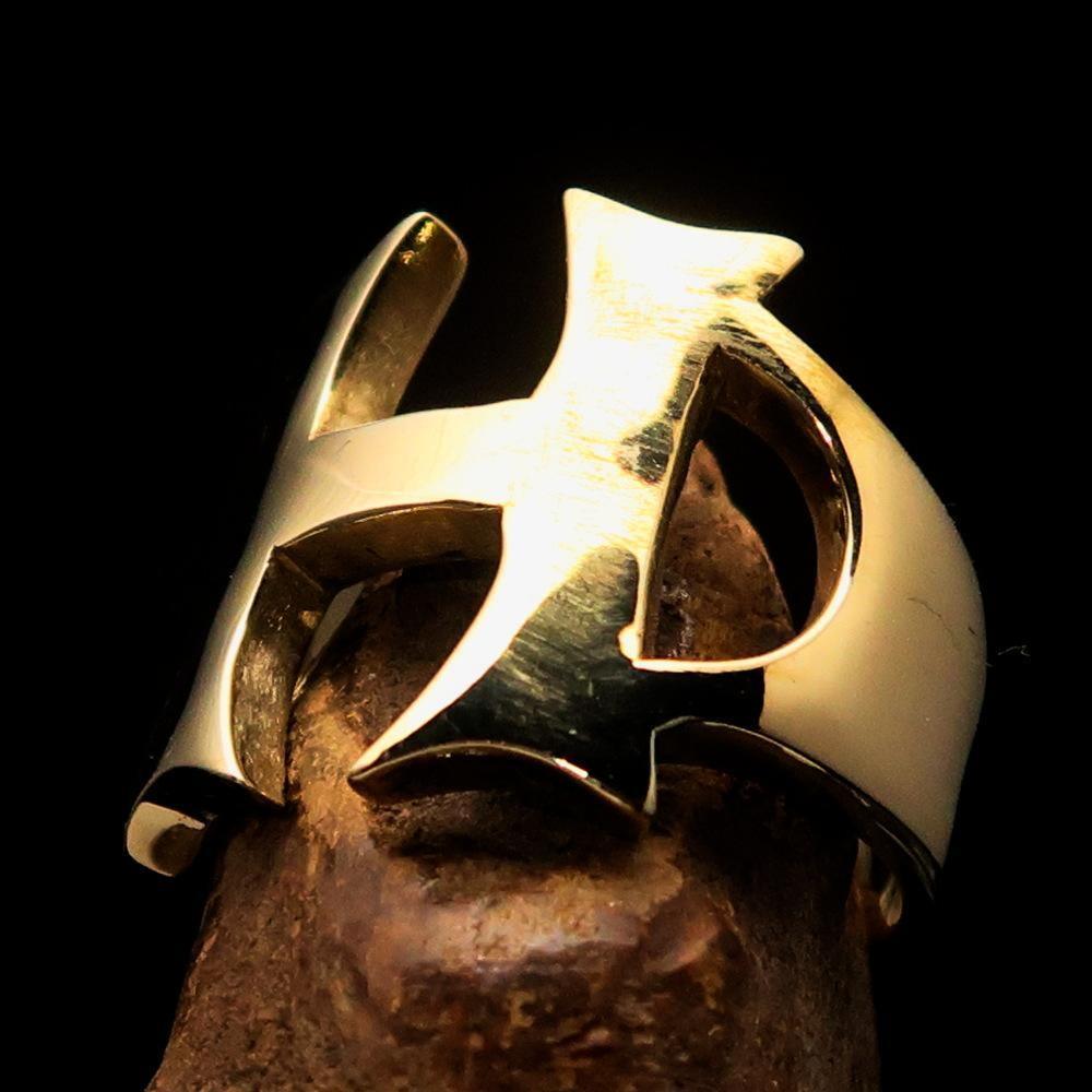 Mirror polished Men's Brass Initial Ring one bold Letter H - BikeRing4u
