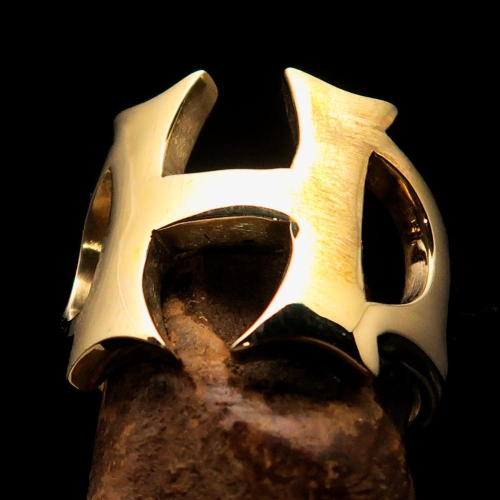 Mirror polished Men's Brass Initial Ring one bold Letter H - BikeRing4u