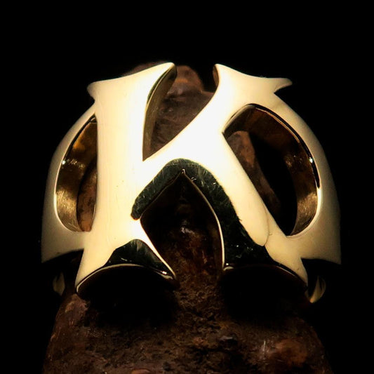 Mirror polished Men's Brass Initial Ring one bold Letter K - BikeRing4u