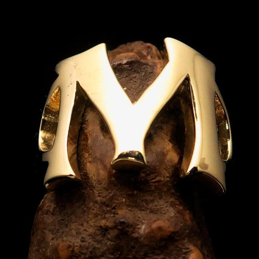 Mirror polished Men's Brass Initial Ring one bold Letter M - BikeRing4u
