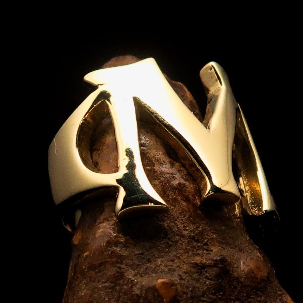 Mirror polished Men's Brass Initial Ring one bold Letter M - BikeRing4u
