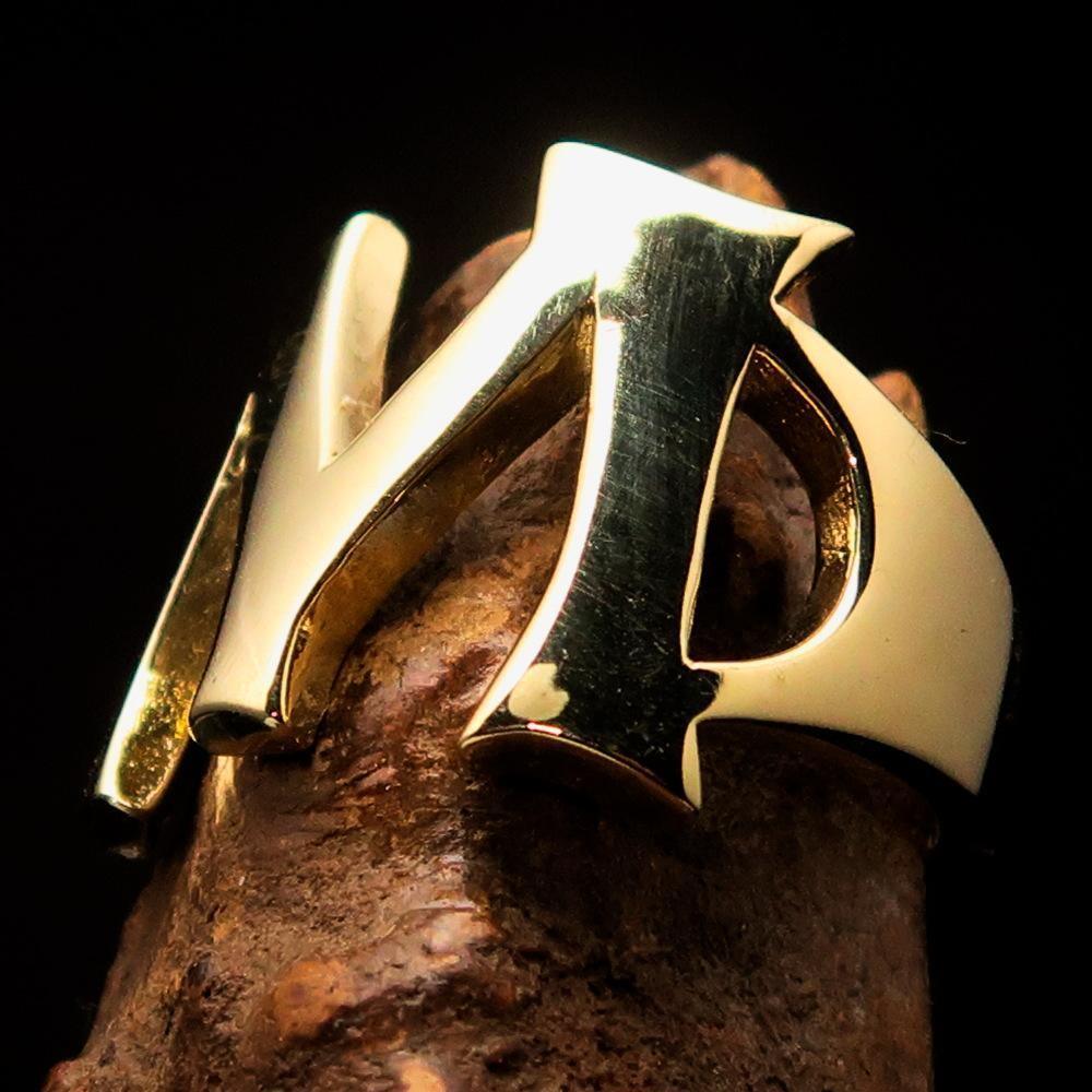 Mirror polished Men's Brass Initial Ring one bold Letter M - BikeRing4u