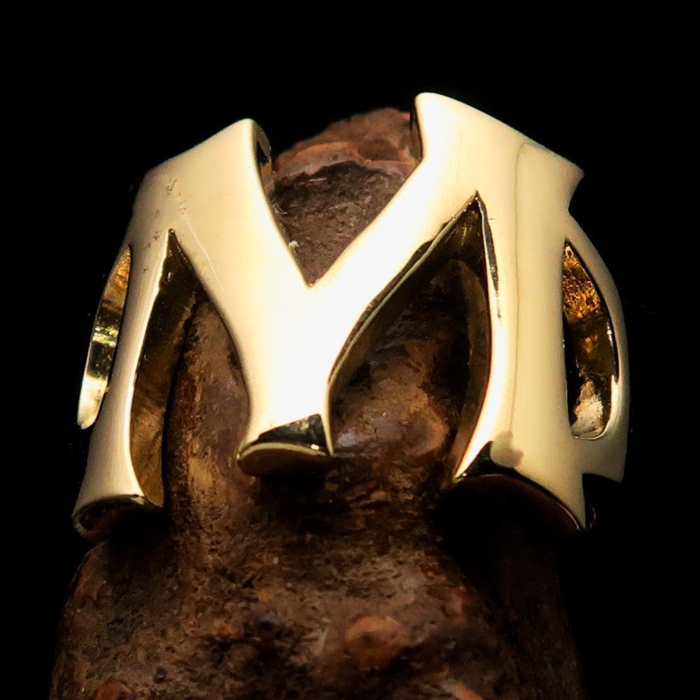 Mirror polished Men's Brass Initial Ring one bold Letter M - BikeRing4u