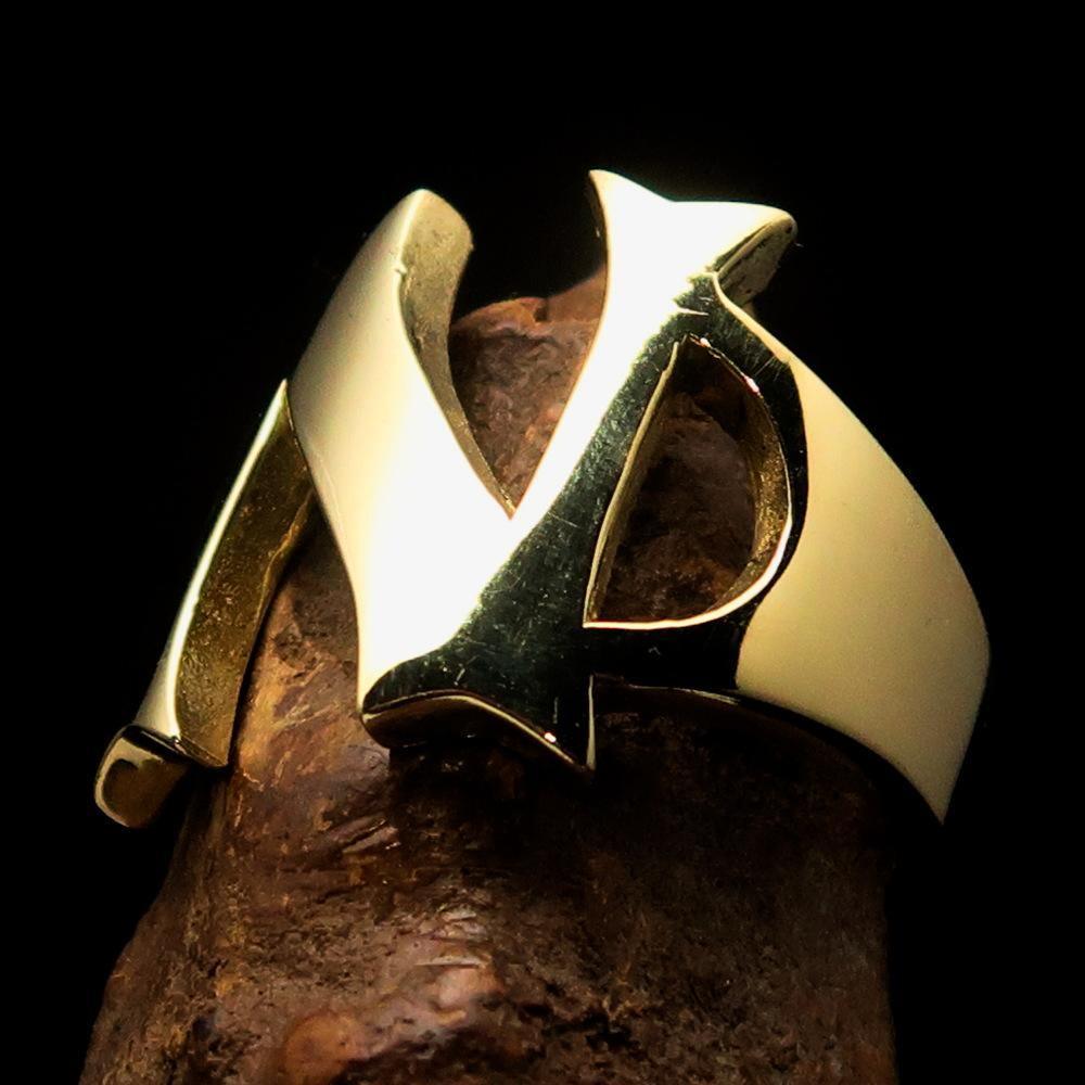 Mirror polished Men's Brass Initial Ring one bold Letter N - BikeRing4u