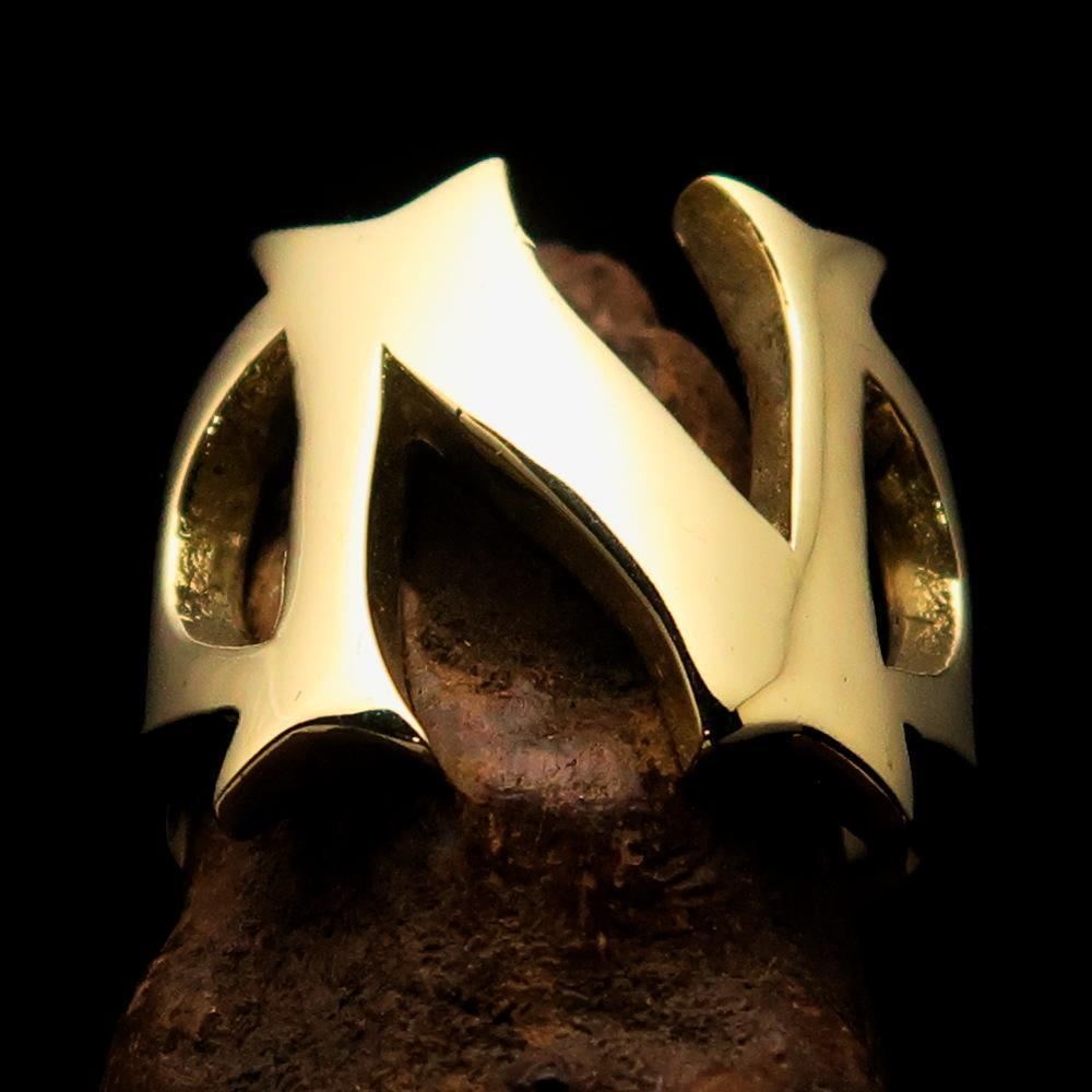 Mirror polished Men's Brass Initial Ring one bold Letter N - BikeRing4u