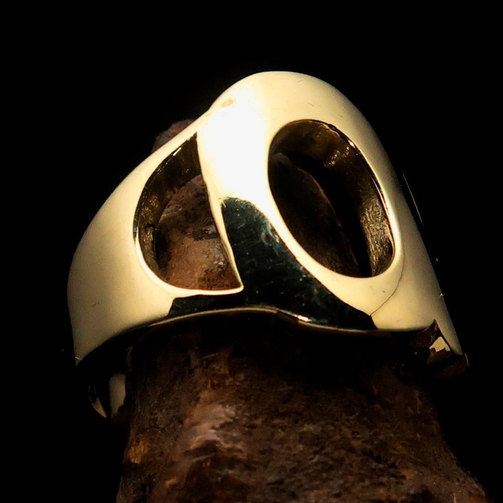 Mirror polished Men's Brass Initial Ring one bold Letter Q - BikeRing4u
