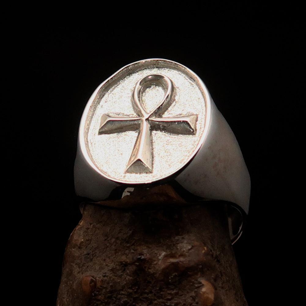 Oval shaped Egyptian Ankh Cross Men's Ring - two tone Sterling Silver - BikeRing4u