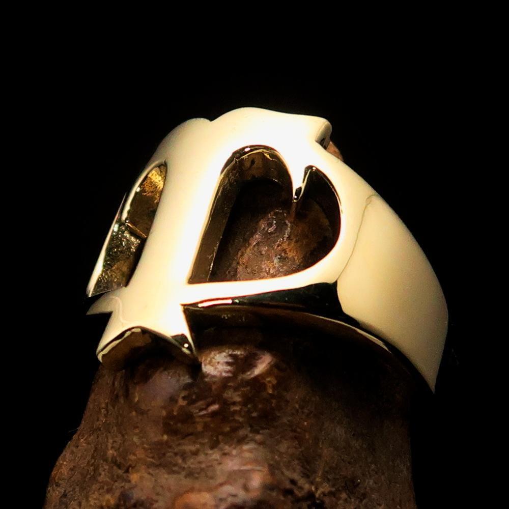 Mirror polished Men's Brass Initial Ring one bold Letter T - BikeRing4u
