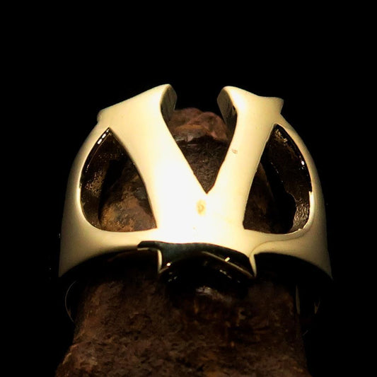 Mirror polished Men's Brass Initial Ring one bold Letter V - BikeRing4u