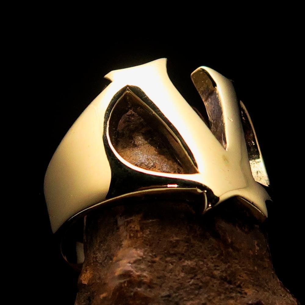 Mirror polished Men's Brass Initial Ring one bold Letter V - BikeRing4u
