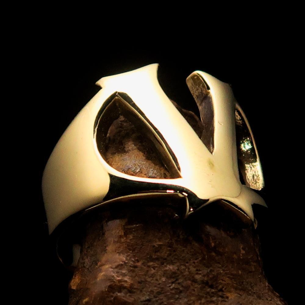 Mirror polished Men's Brass Initial Ring one bold Letter V - BikeRing4u