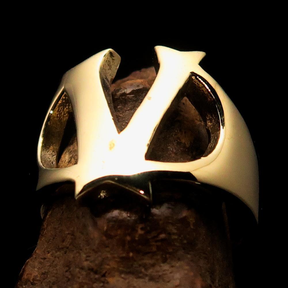 Mirror polished Men's Brass Initial Ring one bold Letter V - BikeRing4u