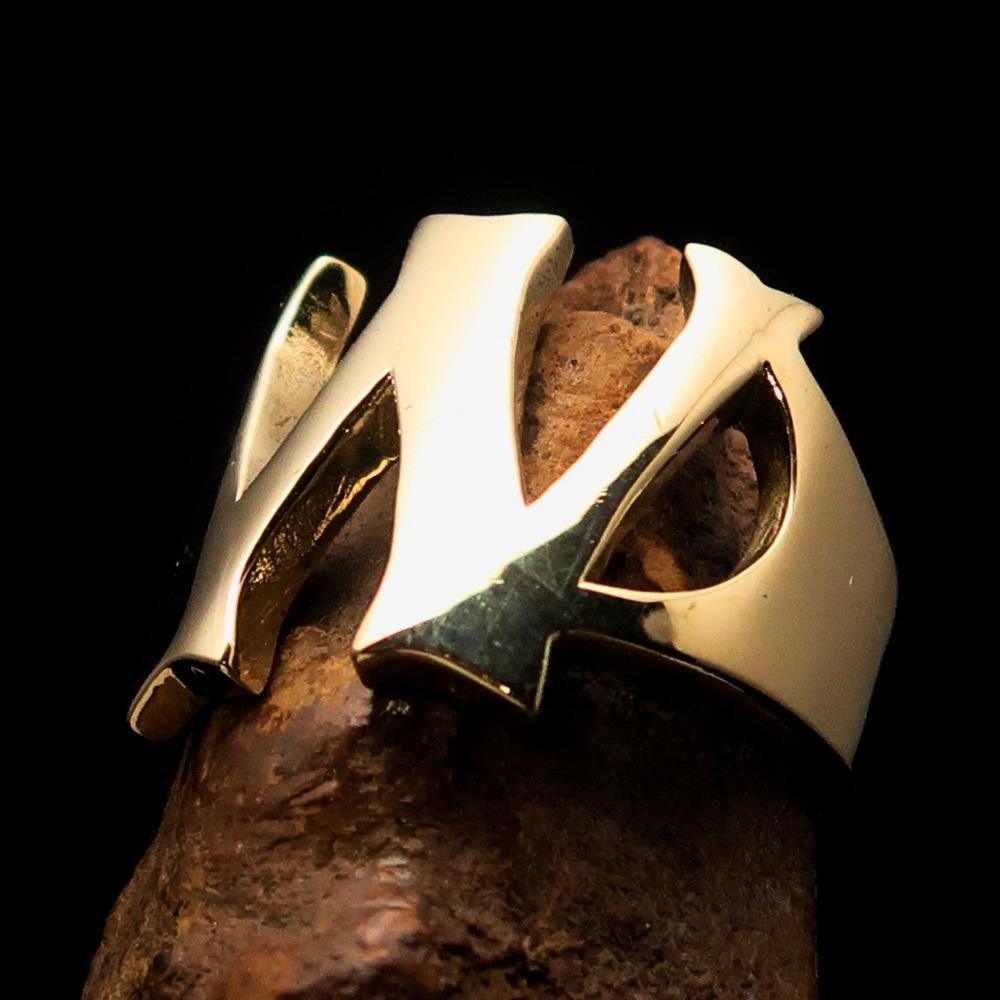 Mirror polished Men's Brass Initial Ring one bold Letter W - BikeRing4u