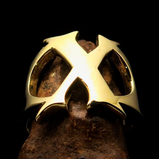 Mirror polished Men's Brass Initial Ring one bold Letter X - BikeRing4u
