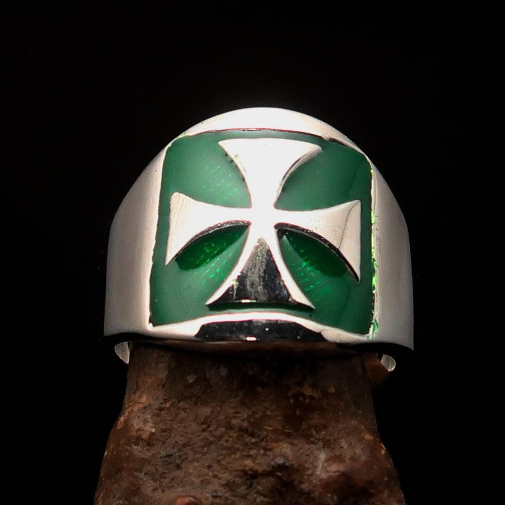 Excellent crafted Men's green Iron Cross Biker Ring - Sterling Silver - BikeRing4u