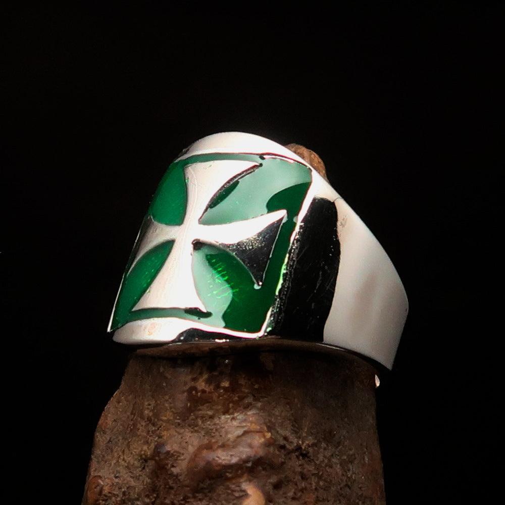Excellent crafted Men's green Iron Cross Biker Ring - Sterling Silver - BikeRing4u
