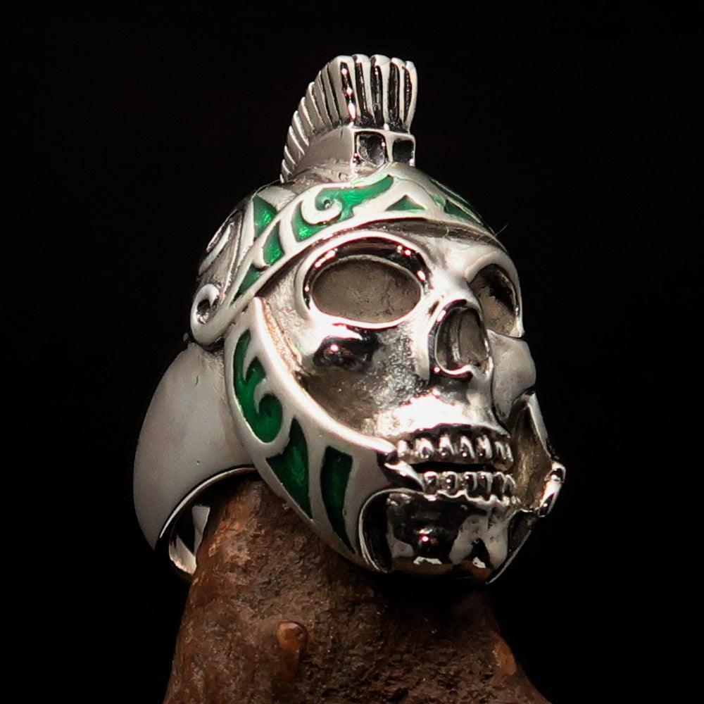 Excellent crafted Men's Skull Biker Ring green Roman Centurion - Sterling Silver - BikeRing4u