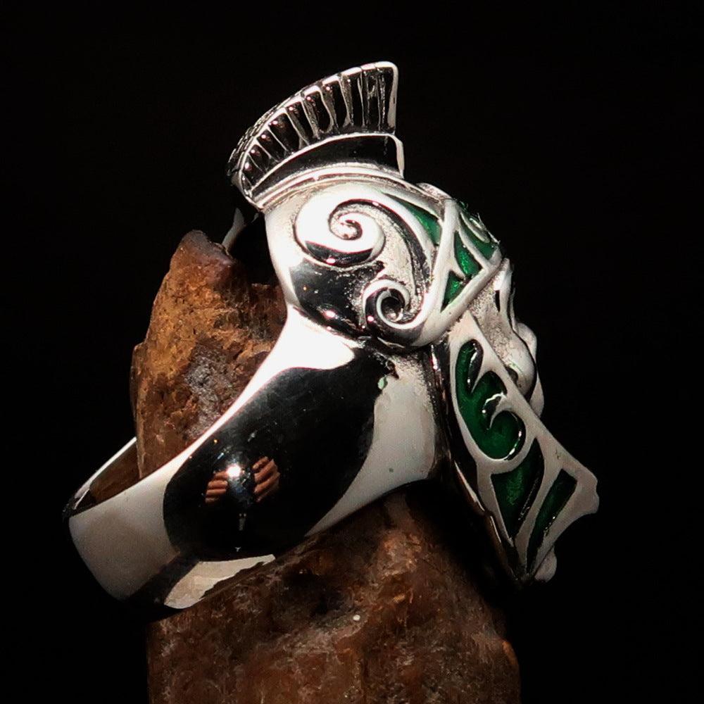Excellent crafted Men's Skull Biker Ring green Roman Centurion - Sterling Silver - BikeRing4u
