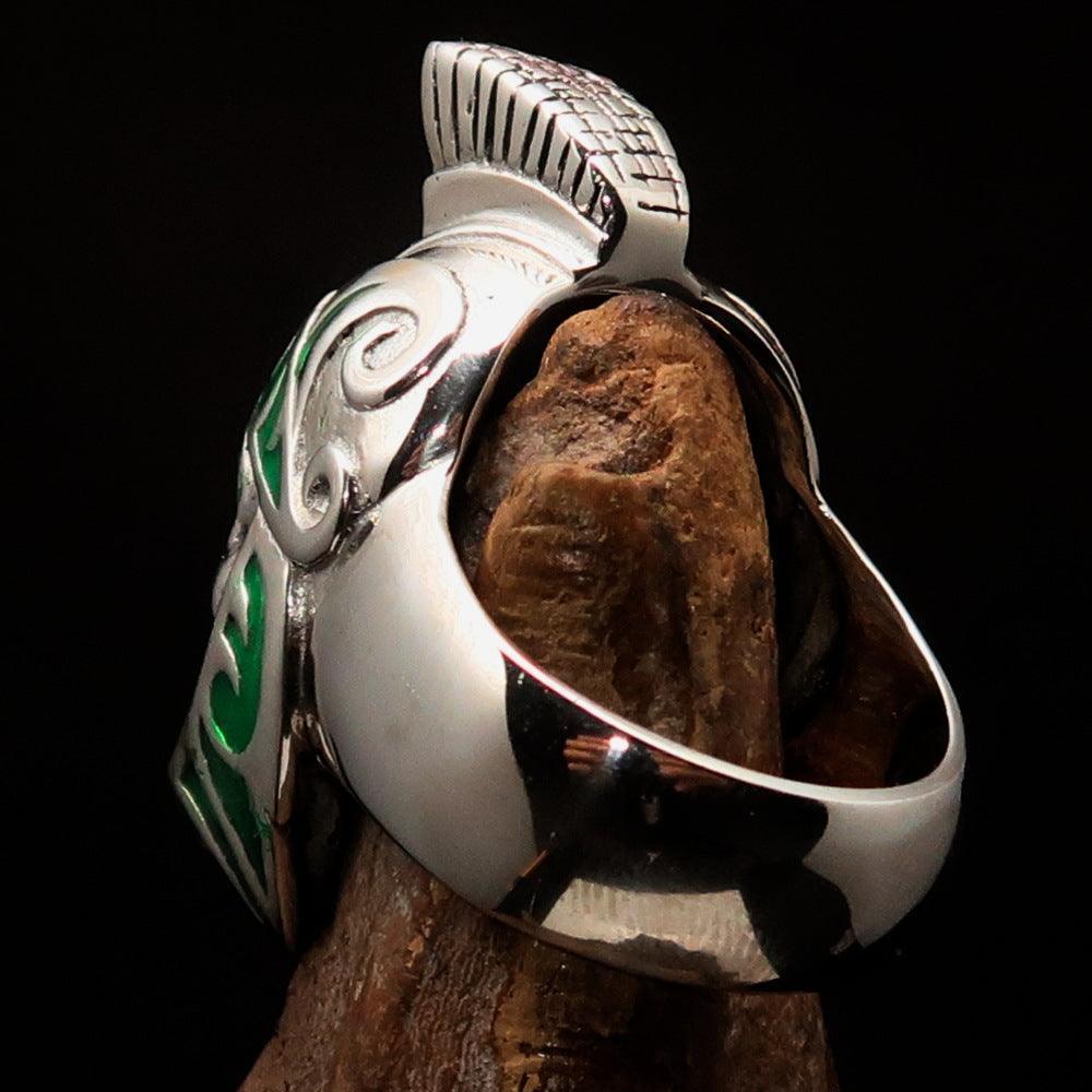Excellent crafted Men's Skull Biker Ring green Roman Centurion - Sterling Silver - BikeRing4u
