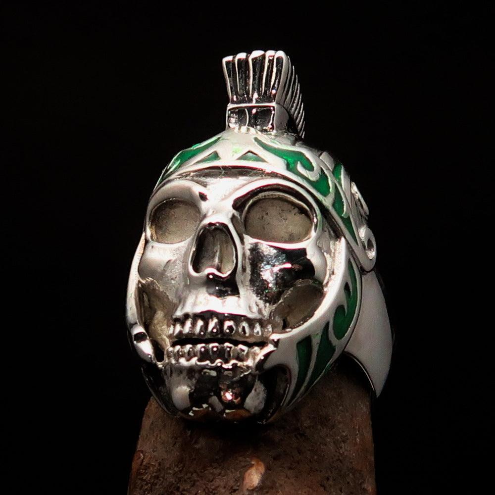 Excellent crafted Men's Skull Biker Ring green Roman Centurion - Sterling Silver - BikeRing4u