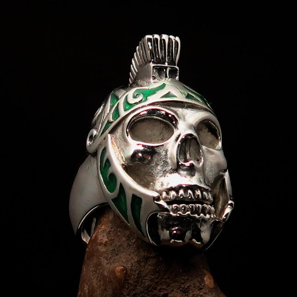Excellent crafted Men's Skull Biker Ring green Roman Centurion - Sterling Silver - BikeRing4u