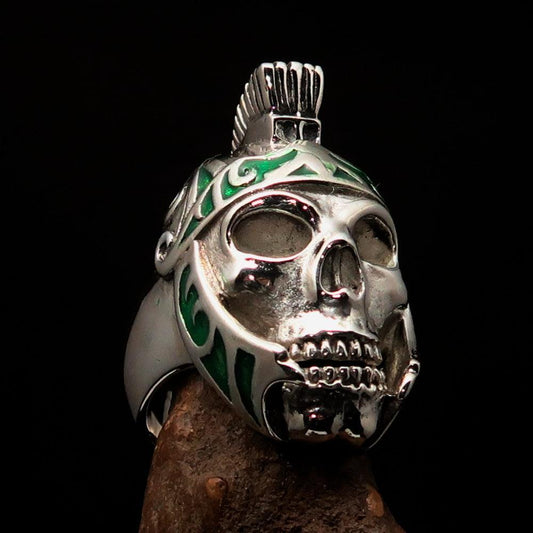 Excellent crafted Men's Skull Biker Ring green Roman Centurion - Sterling Silver - BikeRing4u