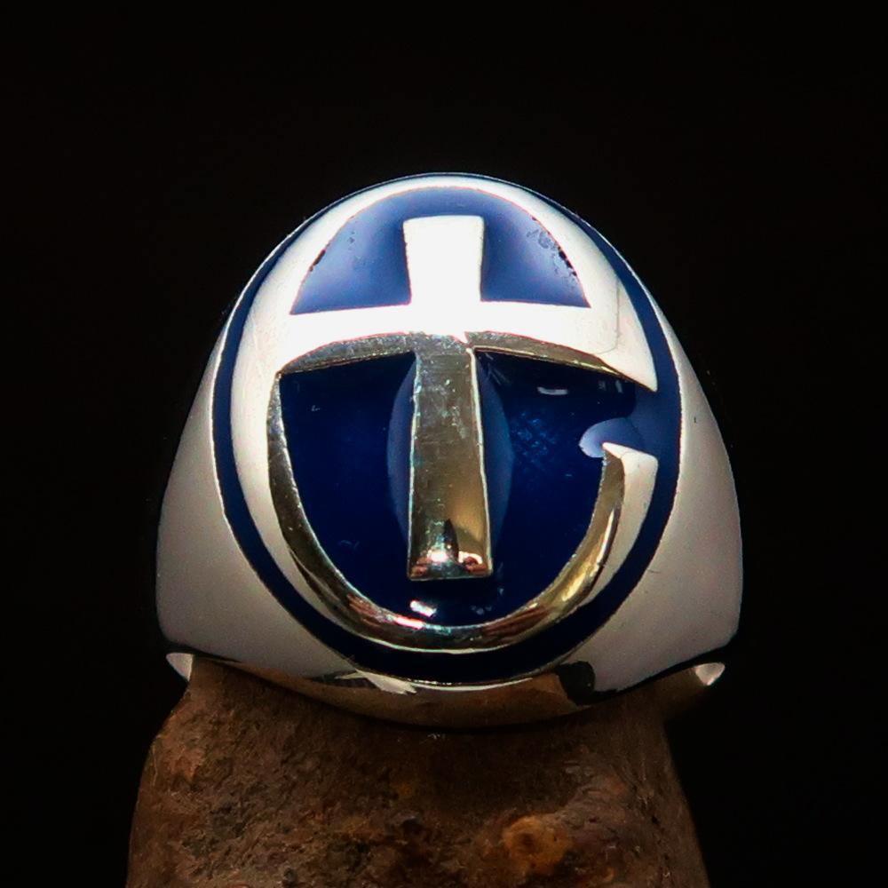Excellent crafted Men's Ring modern blue Christian Cross - Sterling Silver - BikeRing4u