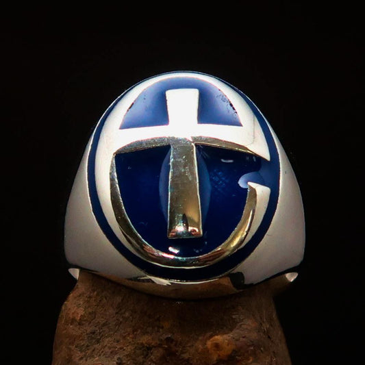 Excellent crafted Men's Ring modern blue Christian Cross - Sterling Silver - BikeRing4u