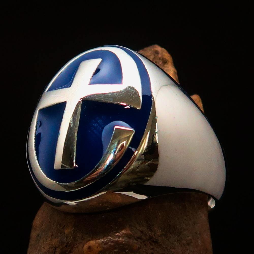 Excellent crafted Men's Ring modern blue Christian Cross - Sterling Silver - BikeRing4u